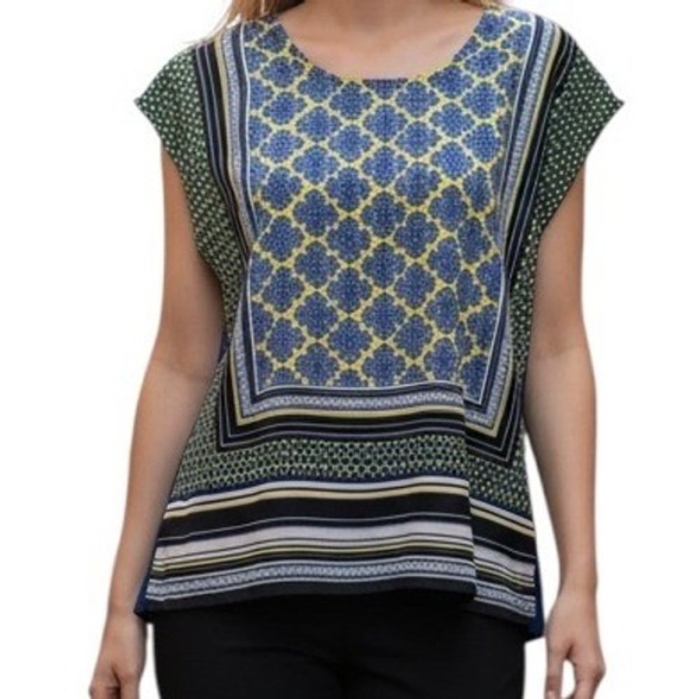 THE LIMITED Blue Yellow Mixed Media Geometric Scarf Print Blouse Top EUC Size S‎